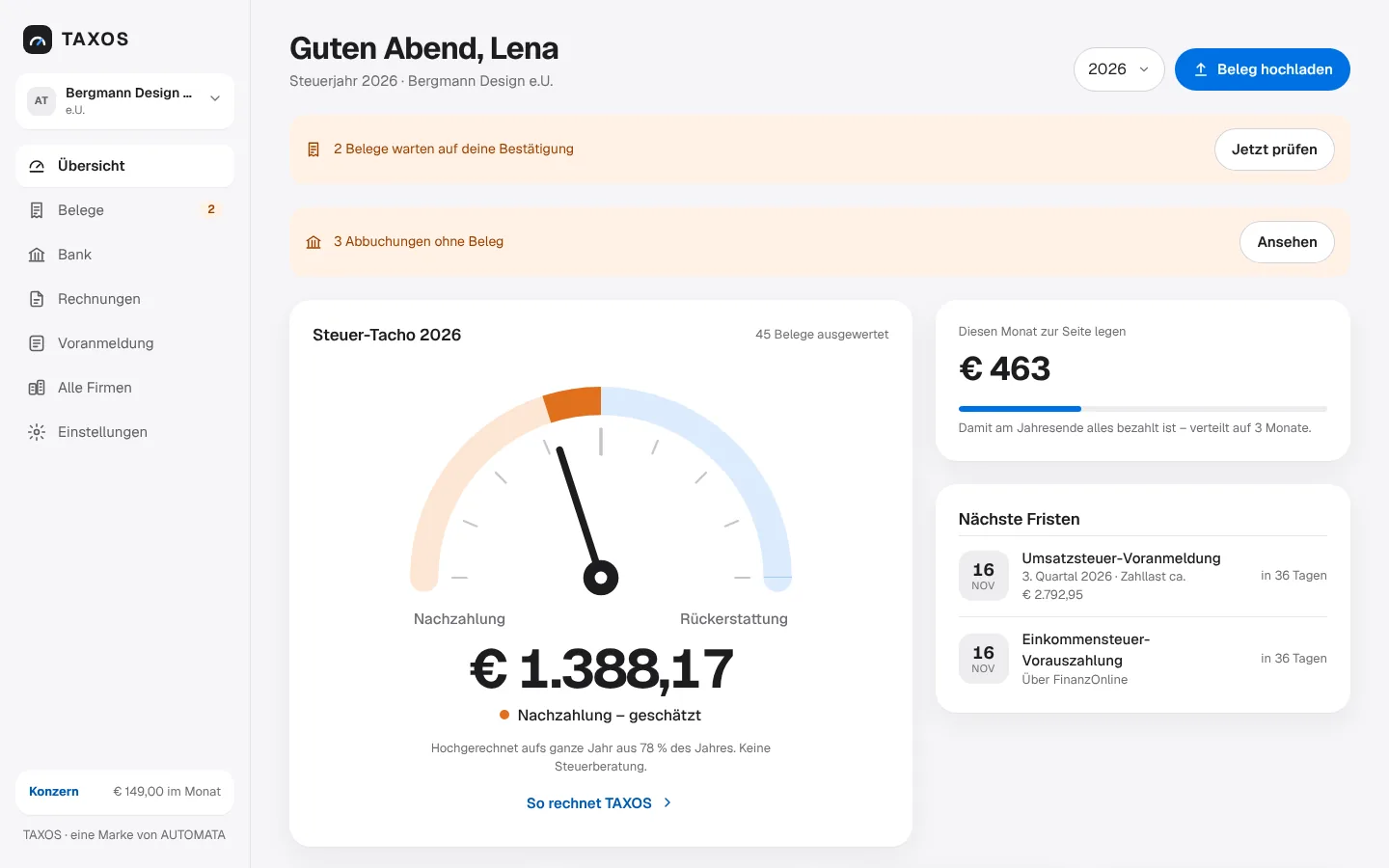 TAXOS – Ansicht der App